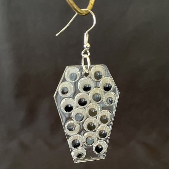 Clear Resin Halloweens Coffin Earrings with Googly Eyes Hand Crafted - Picture 3 of 4